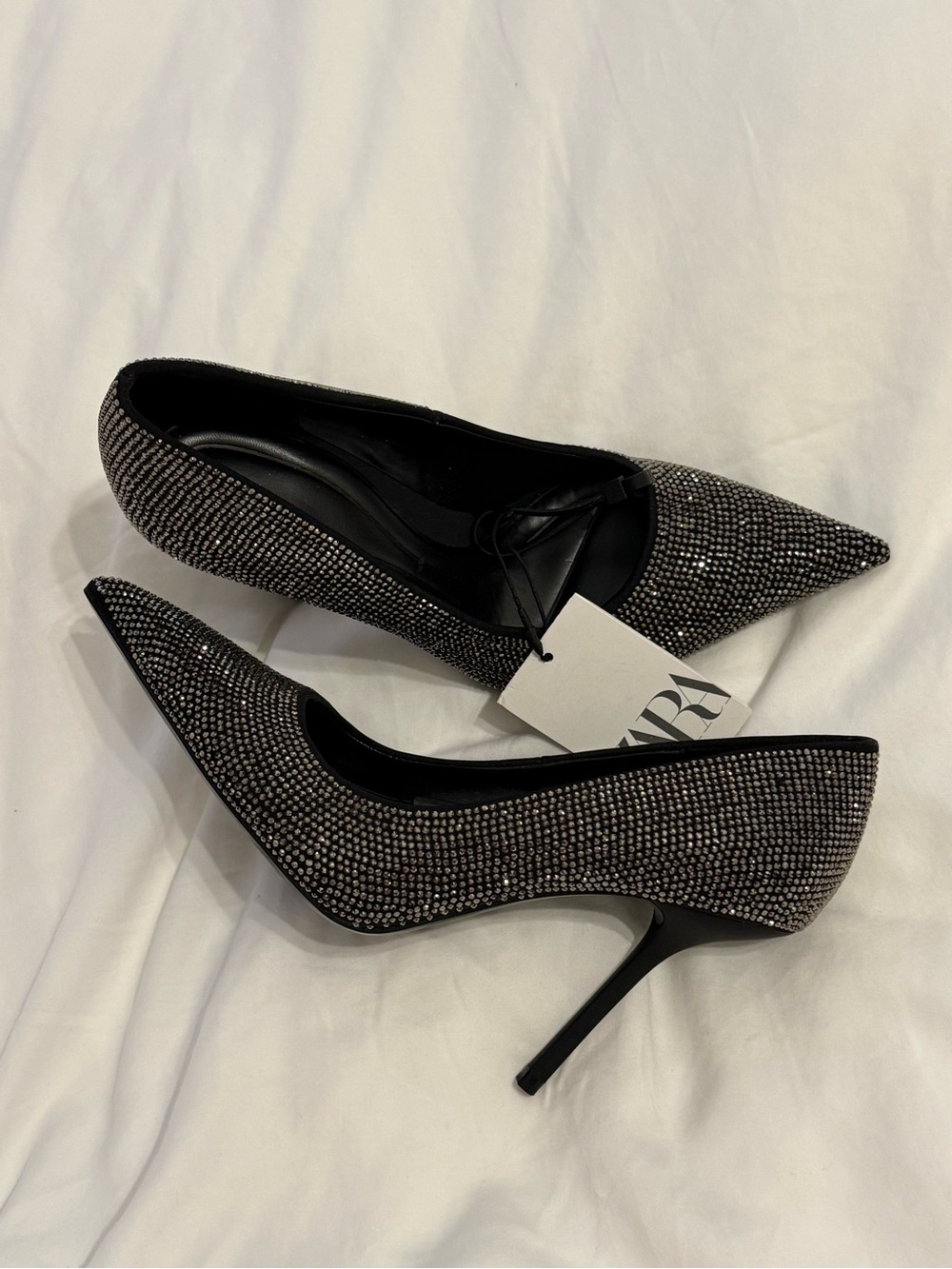 NWT ZARA Women's Black Bedazzled Rhinestone Sparkle Pointed Toe Heels US 5